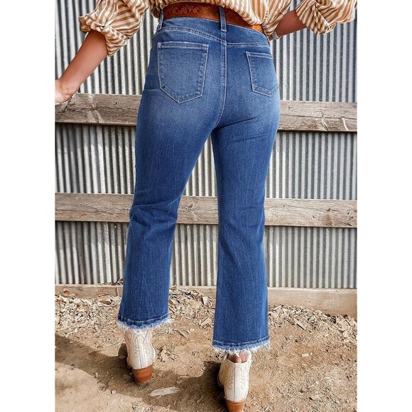 Womens High Waisted Flared Jeans Raw Hem Stretchy Denim Size 10 - Picture 3 of 8